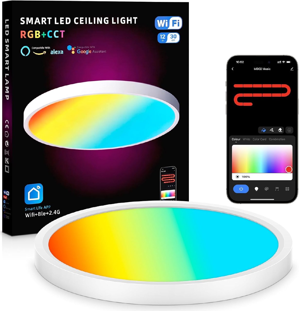 Amipow Rgbic LED Plafón, 24W 2600lm Lámpara de Techo, Colores Diy, 30cm